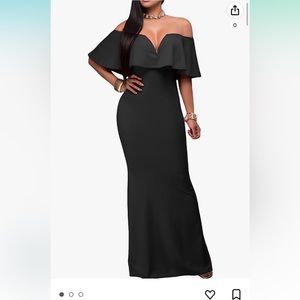 AlvaQ Women's Sexy V Neck Ruffle Off Shoulder Evening Maxi Party Dress